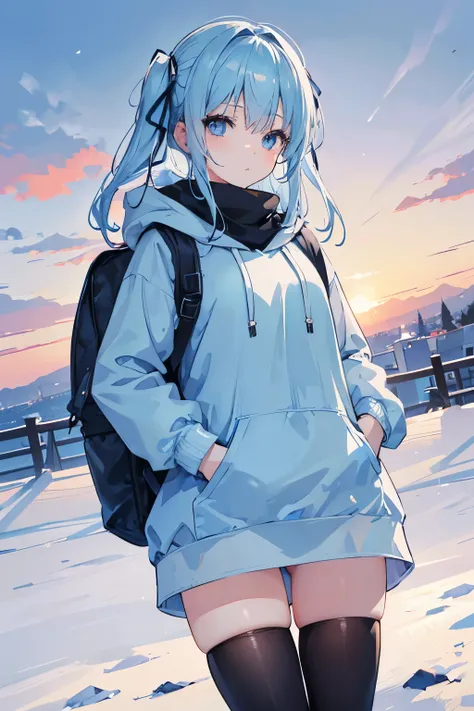 1girl, with light blue eyes, light blue hair, wearing a hair ribbon, blue and white hoodie, the scene is set in winter, sunset, looking directly at the viewer, thighhighs, wide open legs, carrying a rucksack, black turtleneck