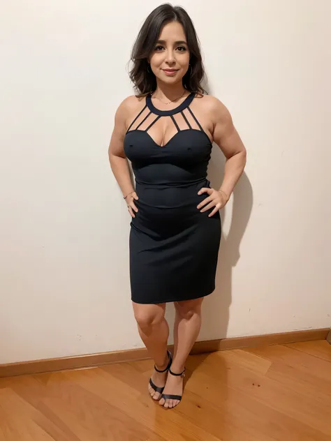 There is a woman standing in a room with a wooden floor, full-length view, she is usando um vestido preto, usando um vestido preto justo, usando vestido preto, usando um vestido preto, Pose frontal, (38 anos), 38 anos, usando um vestido de coquetel, vestid...