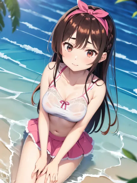 anime girl in a swim suit in a pool with a leaf on her head, wet swimsuit, realistic bikini, is wearing a swimsuit, swimsuit, oppai, smooth anime cg art, bathing suit, seductive anime girl, asuka suit under clothes!, nami one piece, pixiv 3dcg, rin, shiny ...