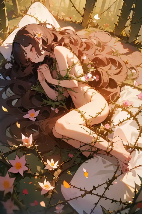 ((masterpiece)), (best quality), 1girl, innocent girl, lay down, (incarnation of flower:1.4), forest, (wavy hair fused with flower), (thorns entangled in the naked body:1.4), (petals around body), (beautiful appearance), praying, entangled petals,