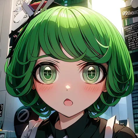 anime character with green eyes and green hair in a room, tatsumaki, tatsumaki with green curly hair, digital art from danganron...