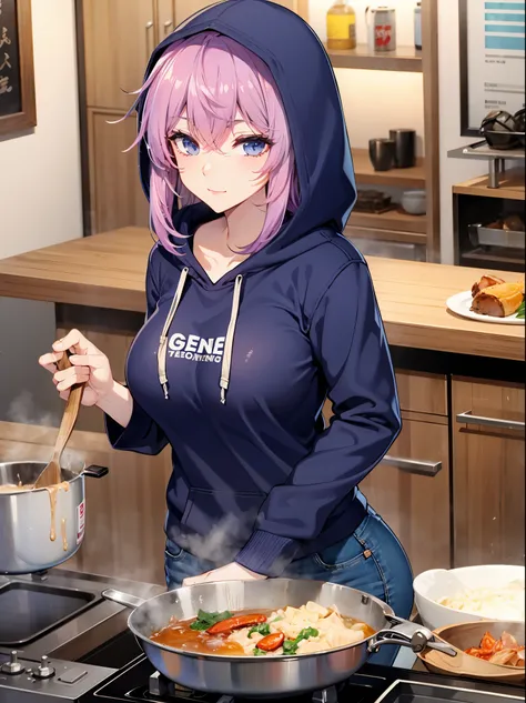 tang wutong, big boobs, wearing a hoodie and jeans, cooking, kitchen, home