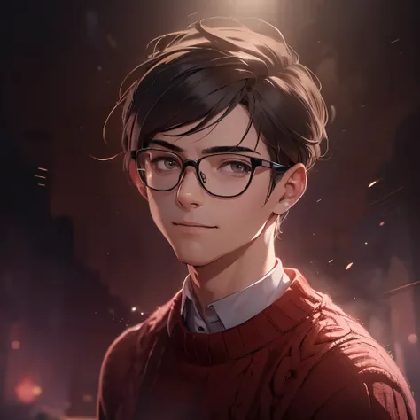 (masterpiece), 8k cg, intricate details, chromatic aberration, ((bust shot)), ((looking at viewer)), 1man, (brown eyes, short brown hair, glasses, red sweater, nerdy), handsome face, strong face, smile, absurdres, cinematic lighting, dynamic lighting, fant...