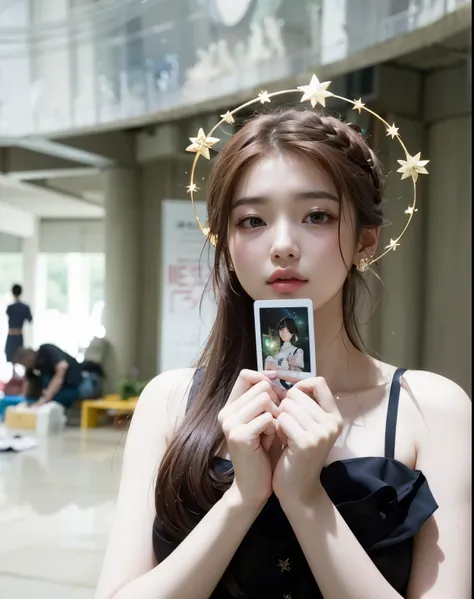 Mujer araffe sosteniendo una foto de una mujer con estrellas en la cabeza., ulzzang, Jinyoung Shin, Bae Suzy, a stunning young ethereal figure, Hermosa joven coreana, Usando Angel Halo, Hermosa mujer surcoreana, [ Tarot ]!!!!!, young wan angel, Heonhwa Cho...