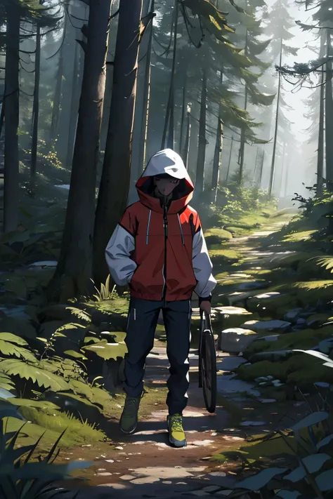 Dessinez deux jeune avec une cagoule de braqueur une cagoule blanche et pour l’autre une cagoule rouge , assis sur une plateforme de recherche au milieu d’une forêt . Ils étudient