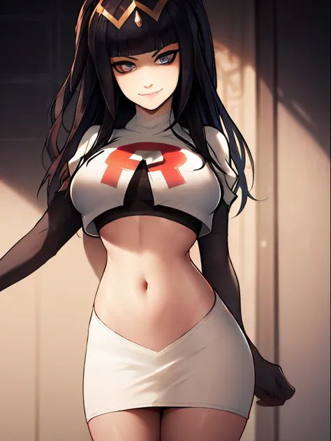 tharja, team rocket, team rocket uniform, red letter R, white skirt, white crop top, black thigh-high boots, black elbow gloves, looking at viewer, evil smile