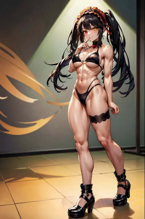 1 girl, bare shoulders, black hair, medium breasts, muscular legs, muscular belly, wide hips, thin waist, (((clock eyes))), (wearing a very short and sexy bikini), finger to mouth, ((( in motel room))), full body, hairband, (standing), heterochromia, index...