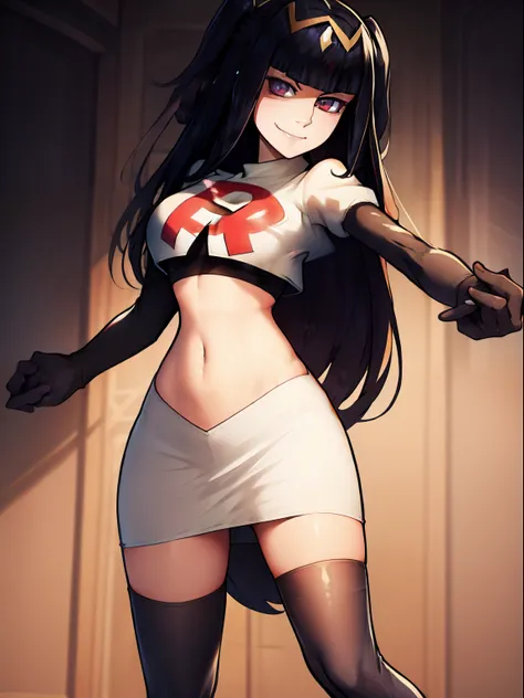 tharja, team rocket, team rocket uniform, red letter R, white skirt, white crop top, black thigh-high boots, black elbow gloves, looking at viewer, evil smile