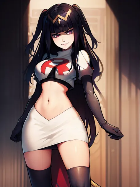 tharja, team rocket, team rocket uniform, red letter R, white skirt, white crop top, black thigh-high boots, black elbow gloves, looking at viewer, evil smile
