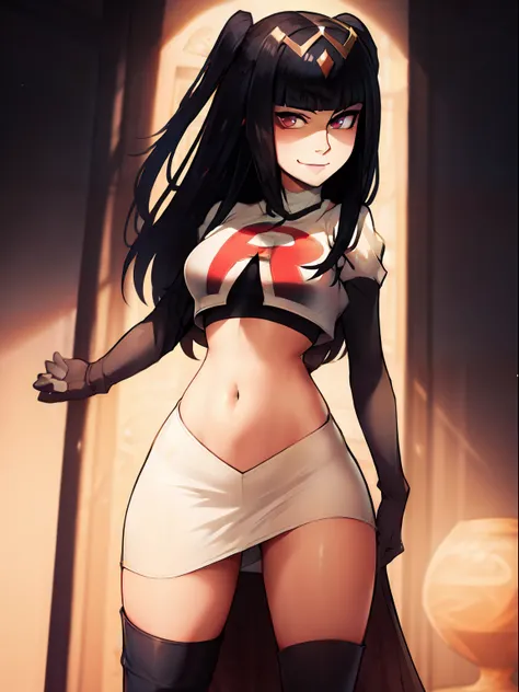 tharja, team rocket, team rocket uniform, red letter R, white skirt, white crop top, black thigh-high boots, black elbow gloves, looking at viewer, evil smile