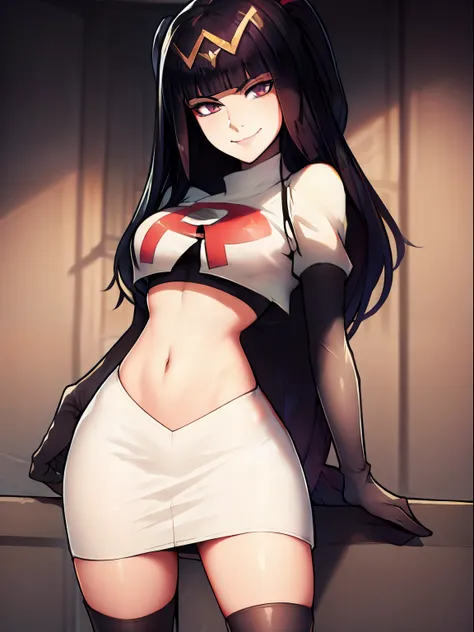 tharja, team rocket, team rocket uniform, red letter R, white skirt, white crop top, black thigh-high boots, black elbow gloves, looking at viewer, evil smile