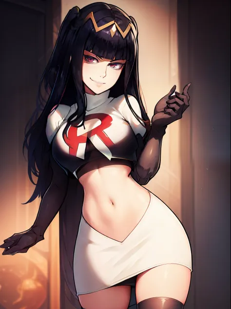 tharja, team rocket, team rocket uniform, red letter R, white skirt, white crop top, black thigh-high boots, black elbow gloves, looking at viewer, evil smile