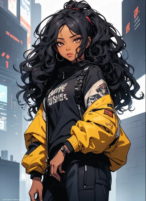 a woman with long black hair wearing a jacket and pants, African American skin, girl fanart, she is wearing streetwear, detailed anime character art, highly detailed character design, in style of digital illustration, anime style character, high quality ch...