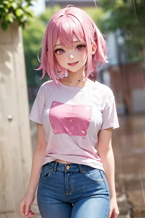 (1Girl, 18yo, ((messy bubblegum pink hair)), she are smiling, pink slutry eyes, (wearing ((sexy)) tight jeans and white t-shirt)), ((In a rain))