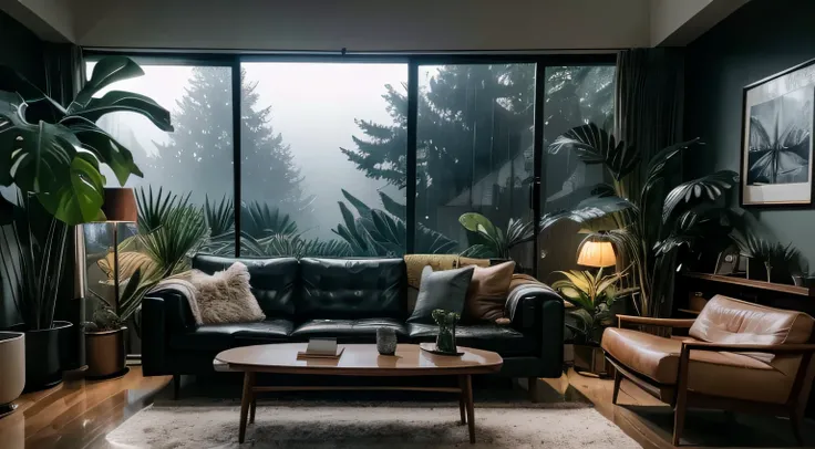 midcentury modern living room dimly lit with dark rainy evening outside, (foggy rainy evening:1.2), pacific northwest, (dim ligh...