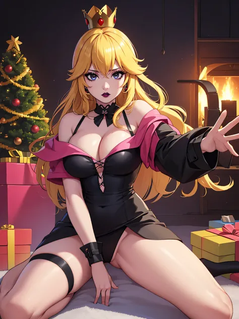 ((high detailed, best quality, 4k, masterpiece, hd:1.3)), ((best quality)), ((HD)), ((8k)), (ultraHD), log cabin, bonfire, Christmas Tree, X-Mas tree, Princess Peach with christmas gifts, BREAK blue eyes, seductive, attractive, smooth anime cg art, 34C bre...