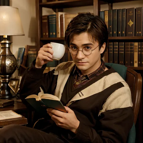 Harry potter moreno, reading a book in your office while drinking coffee