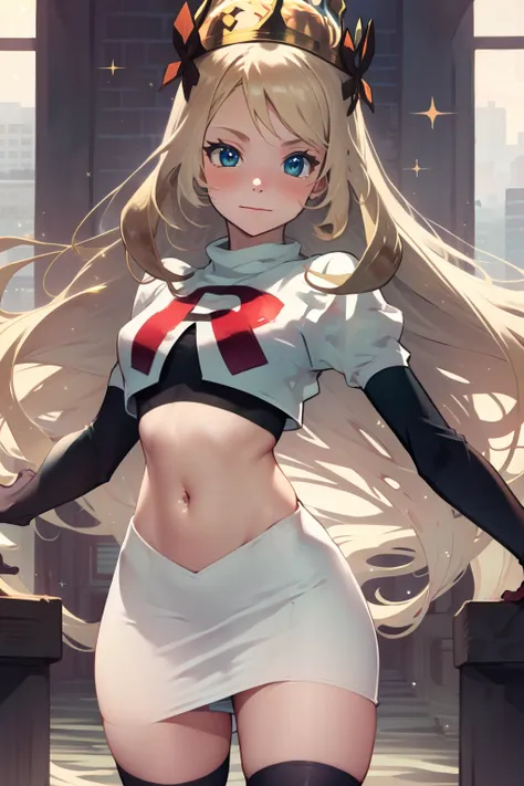 celinefe, celinecrown, team rocket uniform, red letter R, white skirt,white crop top,black thigh-high boots,black elbow gloves, cowboy shot, posing, sparkles of light around the elbow gloves