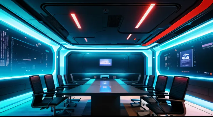 A futuristic cyberpunk meeting room