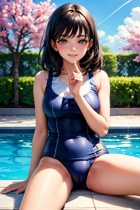 very cute and beautiful girl,(highly detailed beautiful face and eyes:1.2),blue school swimsuit, sitting,spread legs,looking at viewer,pool side,flowers in planters,smile,black hair,dynamic angle, (best quality,masterpiece:1.2),highres,extremely detailed,s...