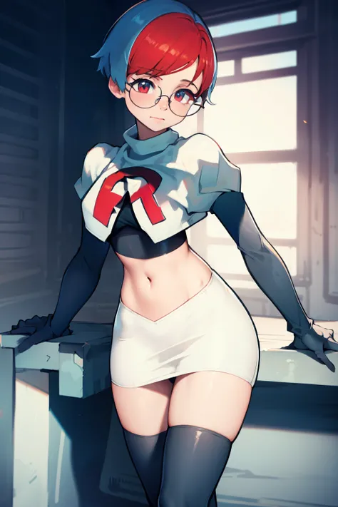 Penny, glasses, team rocket, team rocket uniform, red letter R, white skirt, white crop top, black thigh-high boots, black elbow gloves,