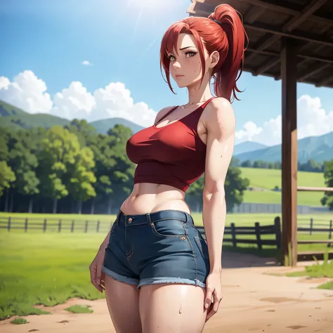 mature woman, milf, red hair, ponytail, farmer outfit, small body, thin waist, thin legs, skinny legs, slender body, tiny boobs, saggy breasts, sunny day, ranch, cinematic lighting, sweaty body, freckles on cheeks