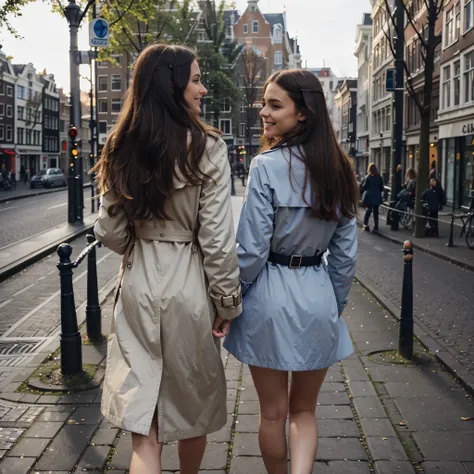 beautiful lady named {{{Ailina5}}}, (freckles), big smile, blue eyes, long hair, dark makeup, soft light, full body, ultra realistic, high res, ultra high res, realistic, looking like a real woman, casual chic woman cloths, walking in Amsterdam city centre...