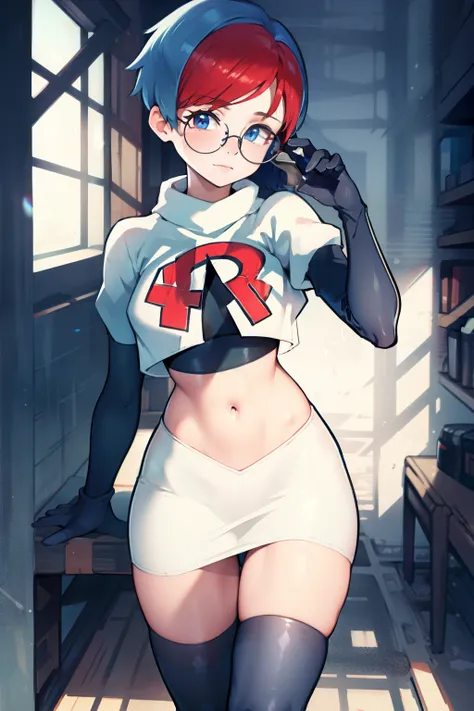 Penny, glasses, team rocket, team rocket uniform, red letter R, white skirt, white crop top, black thigh-high boots, black elbow gloves,