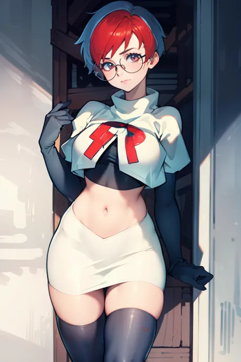 Penny, glasses, team rocket, team rocket uniform, red letter R, white skirt, white crop top, black thigh-high boots, black elbow gloves,