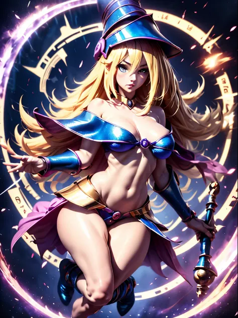 ultra-detailed, extremely detailed, masterpiece, highest quality, best quality, absurdres, highres, dark magician girl, (1girl:1.2), solo, detailed face, dynamic pose, hair flow, (full body:1.1),  blonde hair, long hair, looking at viewer, green eyes, skin...