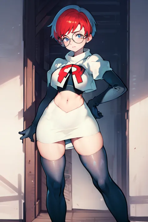 Penny, glasses, team rocket, team rocket uniform, red letter R, white skirt, white crop top, black thigh-high boots, black elbow gloves,