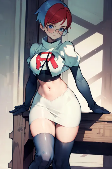 Penny, glasses, team rocket, team rocket uniform, red letter R, white skirt, white crop top, black thigh-high boots, black elbow gloves,