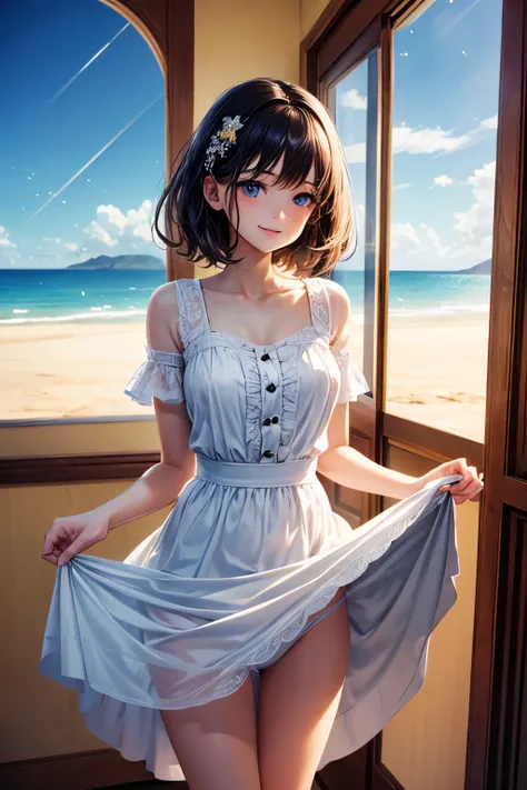 very cute and beautiful girl standing near window,white sun dress with detailed frills,skirt lift,white panties,
(highly detailed beautiful face and eyes:1.2),antique hotel bedroom with outside view,distant trees and ocean,
cowboy shot,smile,medium hair,bl...