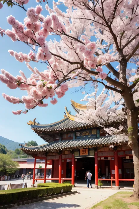 ((best quality)), ((masterpiece)), (detailed), chinese town, tree blossoms, people