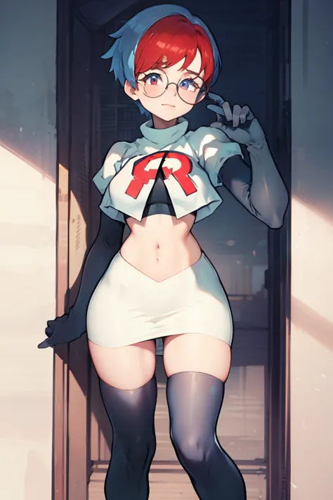 Penny, glasses, team rocket, team rocket uniform, red letter R, white skirt, white crop top, black thigh-high boots, black elbow gloves,