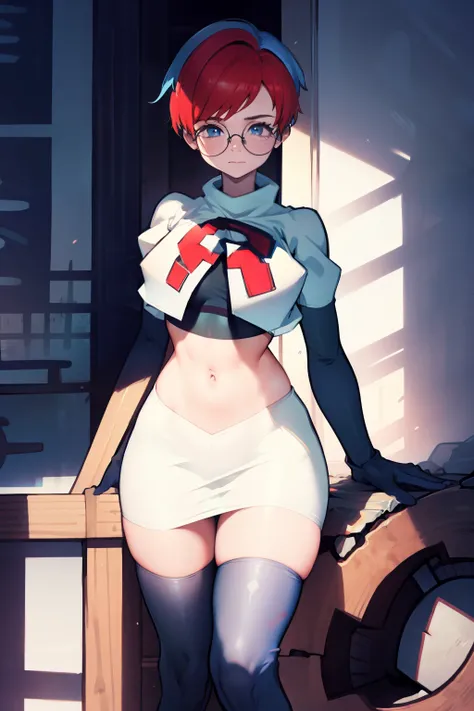 Penny, glasses, team rocket, team rocket uniform, red letter R, white skirt, white crop top, black thigh-high boots, black elbow gloves,