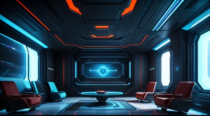 There is a room with sofa and chairs, a room with light, detailed matte paintings by senior environmental artists, 3D renderings inspired by Syd Mead, digital art, futuristic room, sci-fi interior, sci-fi room, futuristic interior, sci-fi engine room livin...