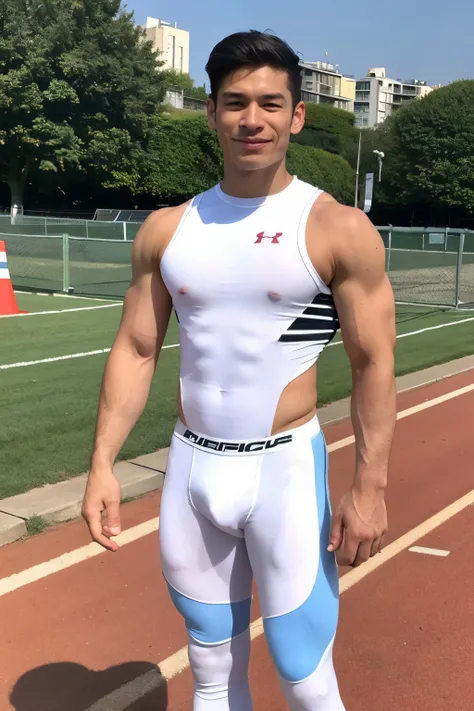 macho、twinks、track and field、runner、Erect、in her 20s、White Compression Wear、under armour、a picture