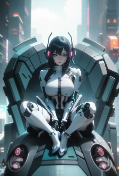 a close up of a person sitting on a large chair in a city, cyberpunk anime girl mech, digital cyberpunk anime art, anime cyberpunk art, digital cyberpunk - anime art, cyberpunk anime girl, cyberpunk anime art, female cyberpunk anime girl, modern cyberpunk ...