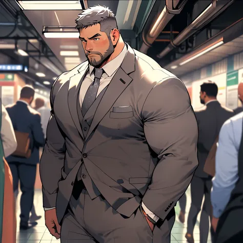 detailed background, illustration, single, 1 boy, muscle man, short beard, big face,  muscle, facial hair, depth of field, subwa...