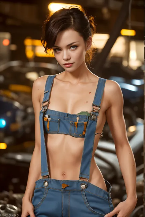 A sexy female mechanic, sexy torn mechanic overalls, bare midriff, pin-up aesthetic, high detail face, high detail skin, 8, HDR, high resolution, photo-realistic, cinematic lighting, depth of field, bokeh, rim lighting, backlit, cool colours, night