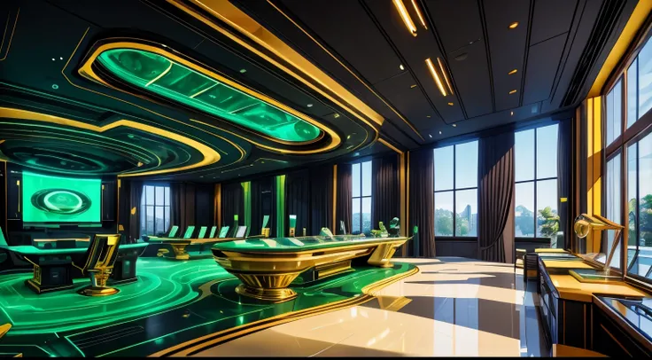 A super futuristic emerald laboratory with golden details