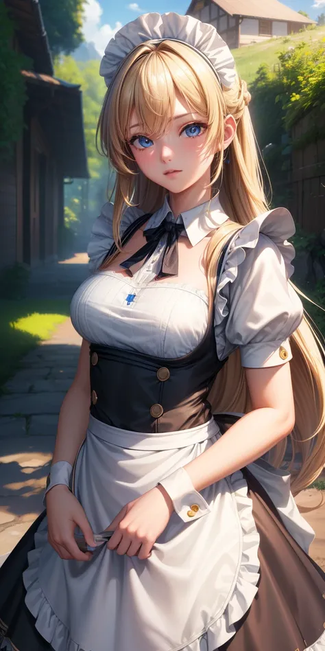 ((masterpiece)), ((best quality)), ((highres)), ((detailed background)), ((extremely detailed CG unity 8k wallpaper)), solo, shiona, blonde hair, long hair, blue eyes, hair tuft, cowboy shot, outdoors, ((maid outfit))