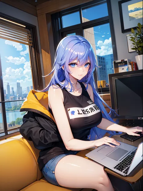 tang wutong, big boobs, wearing a sweatshirt and shorts, working on a laptop, living room, home