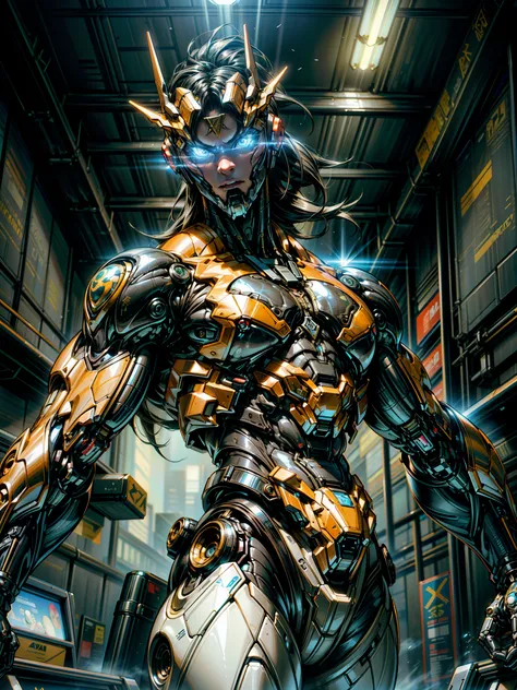 (megan fox), Cinematic, hyper-detailed, and insanely detailed, this artwork captures the essence of a muscular cyborg girl. Beautiful color grading, enhancing the overall cinematic feel. Unreal Engine brings her anatomic cybernetic muscle suit to life, app...