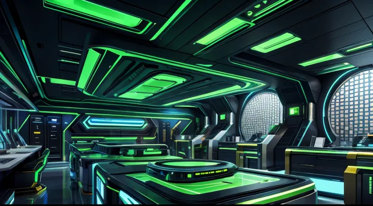 A futuristic emerald super scientist laboratory with golden details