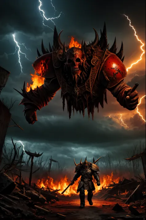 (highres:1.2),realistic,a warhammer 40k chaos marine of khorne,strolls through a bloody battlefield,collecting skulls,grim and dark atmosphere,chaotic and violent scene,detailed blood splatters and gore,gloomy lighting and shadows,demonic creatures dancing...