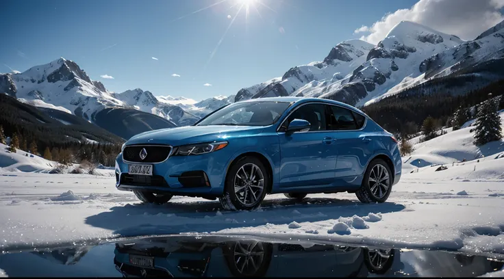 a blue car driving on a snowy mountain, cinema lens flare, reflections in the glass, ultra resolution, professional photography style