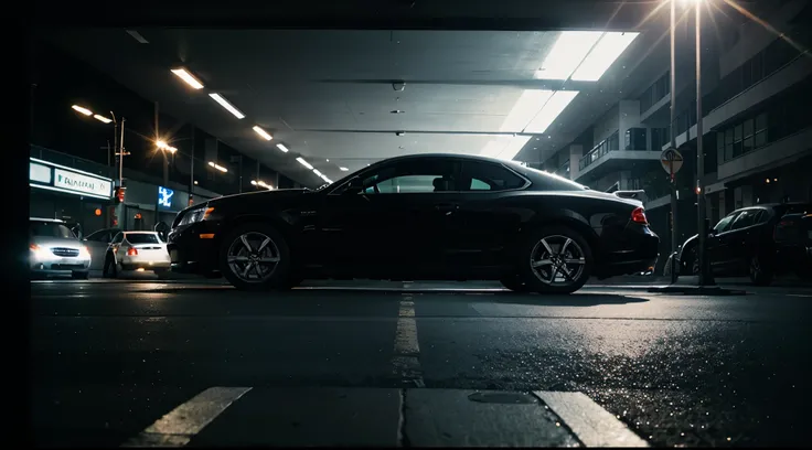 a black car driving on a city, cinema lens flare, reflections in the glass, ultra resolution, professional photography style