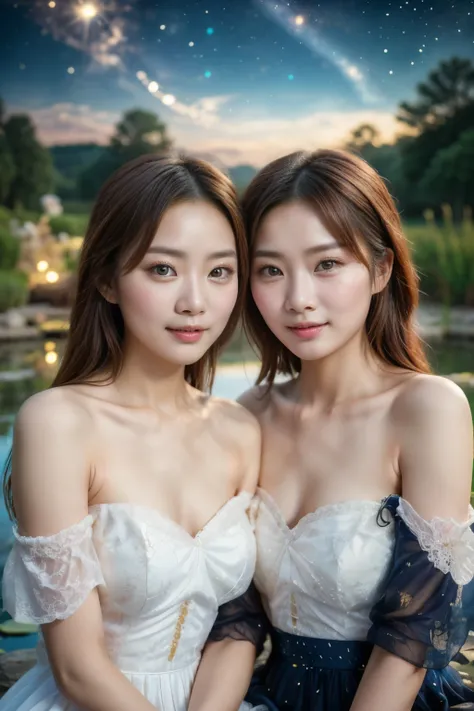 All faces and pictures must be different, high quality, highly detailed, a stunningly photorealistic photo of two beautiful Chinese women,babyfaced, intricate detailed eyes,open shoulders,skirtlift,where two mysterious women sits by the edge of a pond, cap...